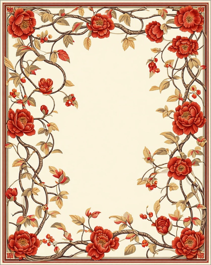Rich Red Peony Floral Vine Border Rug