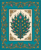 Ornate Teal Gold Peacock Feather Design Rug