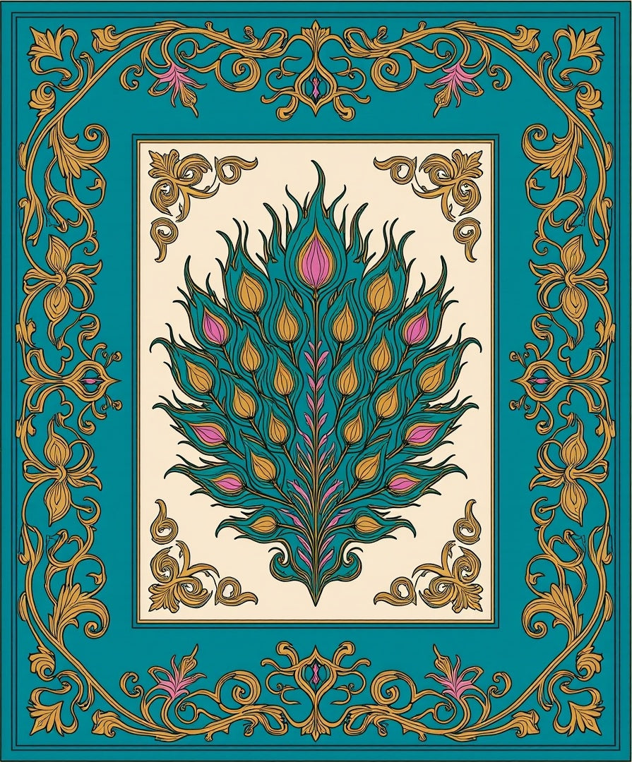Ornate Teal Gold Peacock Feather Design Rug