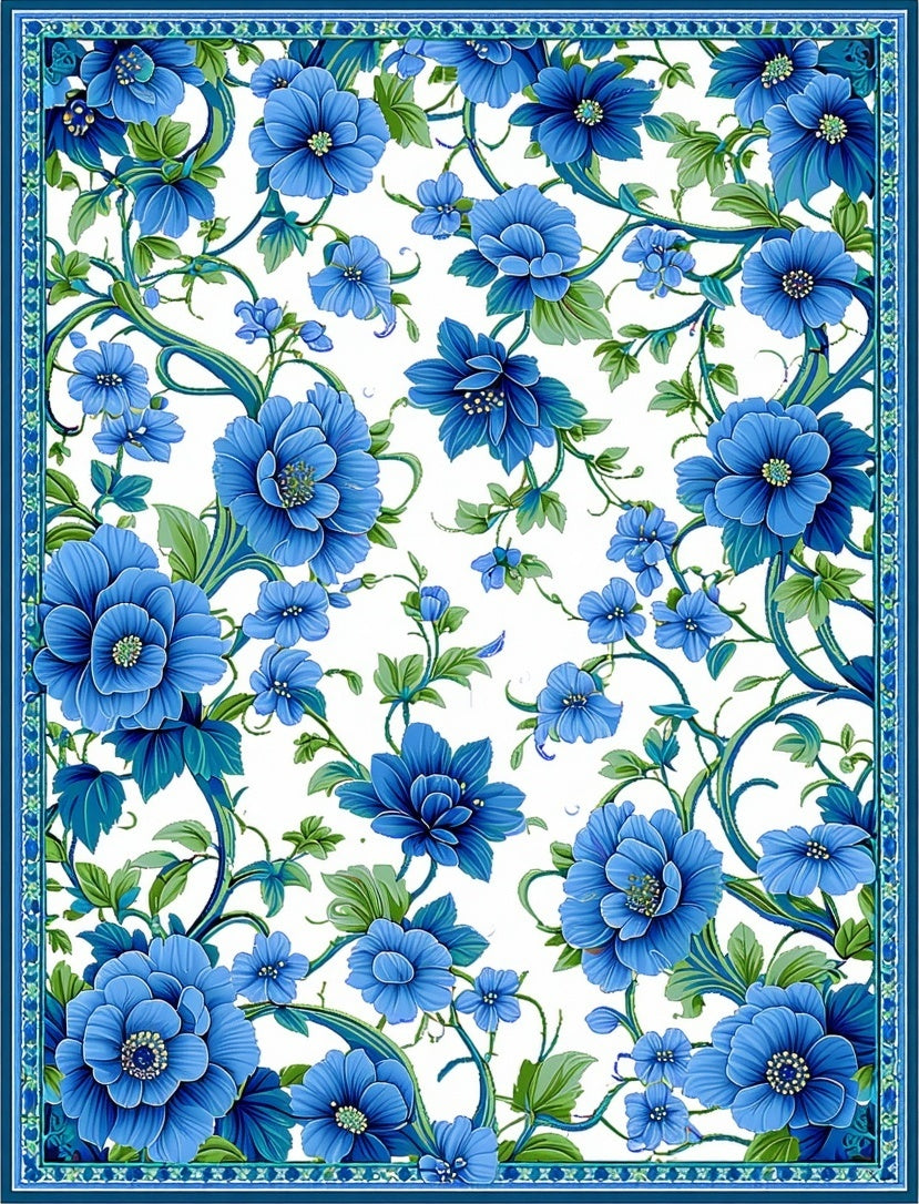 Vibrant Blue Floral Vine Pattern Rug