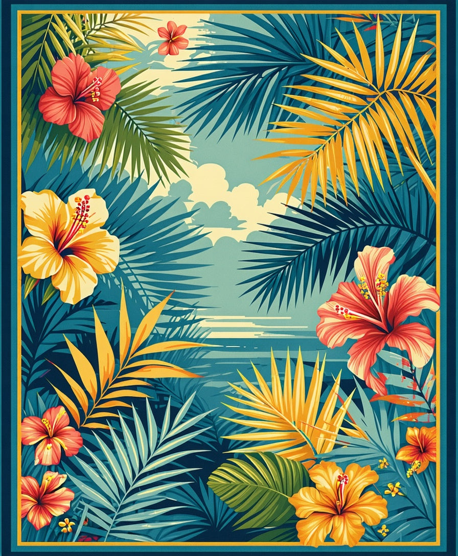 Tropical Hibiscus Floral Leaf Pattern Rug