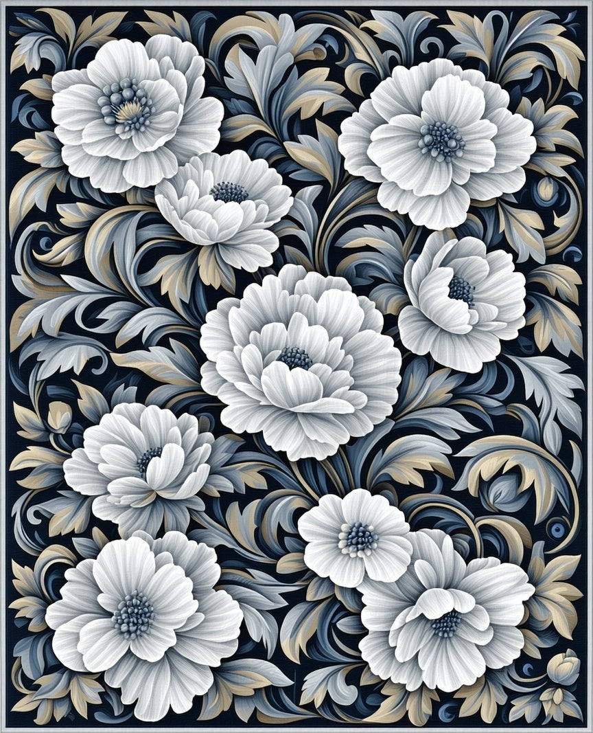 Opulent White Floral Scrollwork Rug