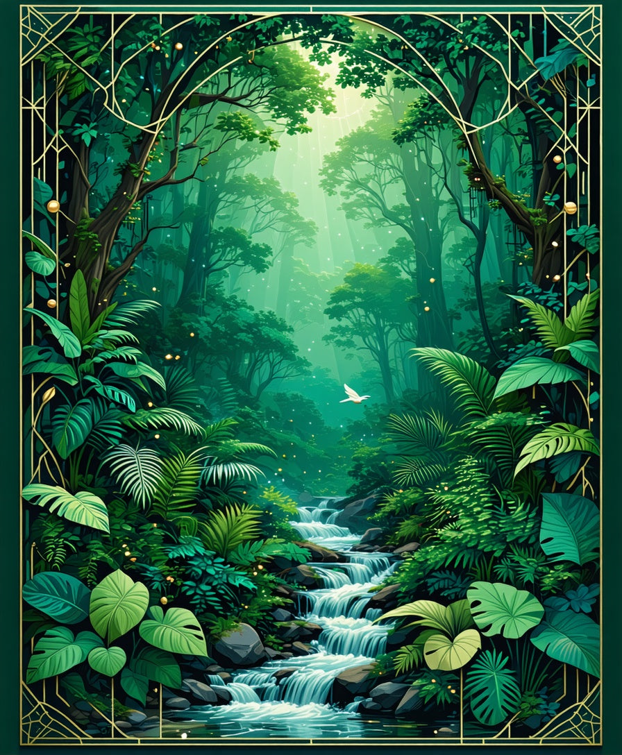 Enchanted Forest Waterfall Art Deco Rug