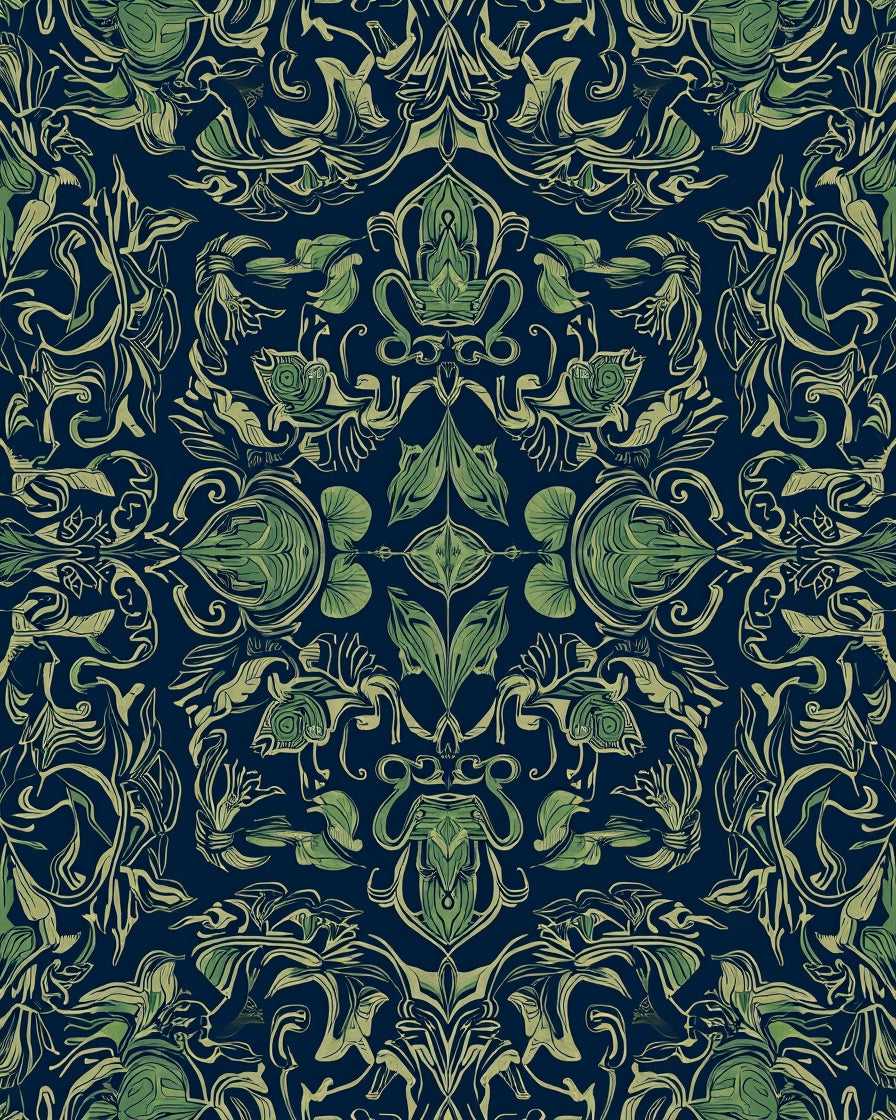 Dark Navy Green Floral Swirl Rug