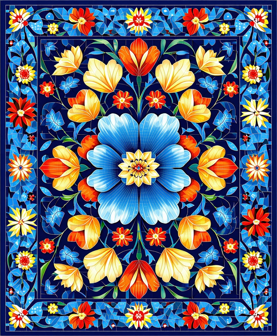 Vibrant Floral Mandala Tile Design Rug
