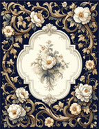 Ornate Floral Navy Swirl Design Rug