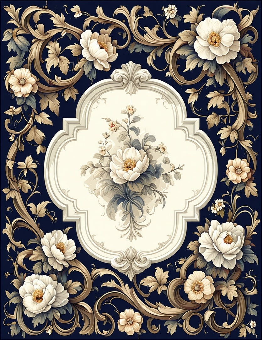 Ornate Floral Navy Swirl Design Rug