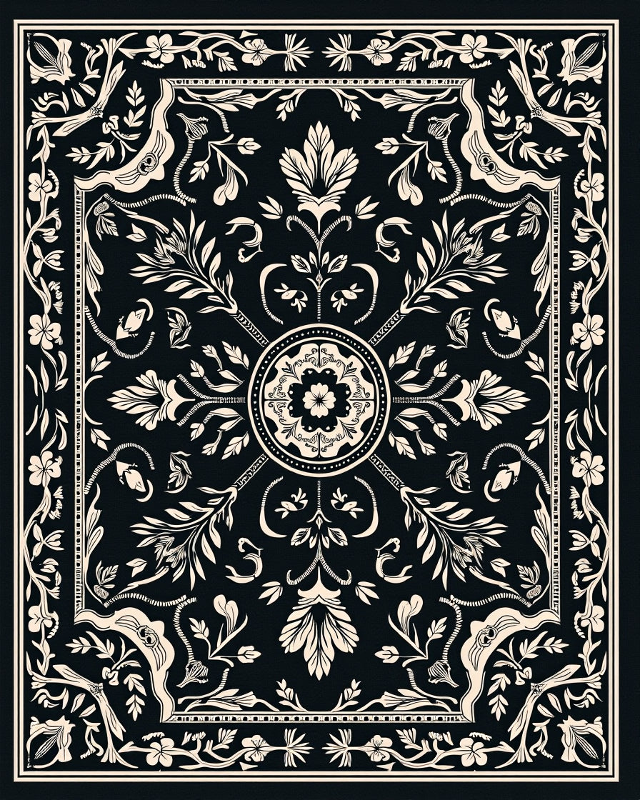 Black Cream Floral Intricate Pattern Rug