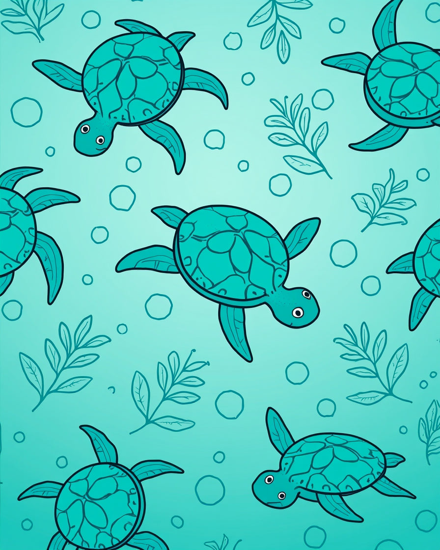 Playful Teal Turtle Seaweed Pattern Rug