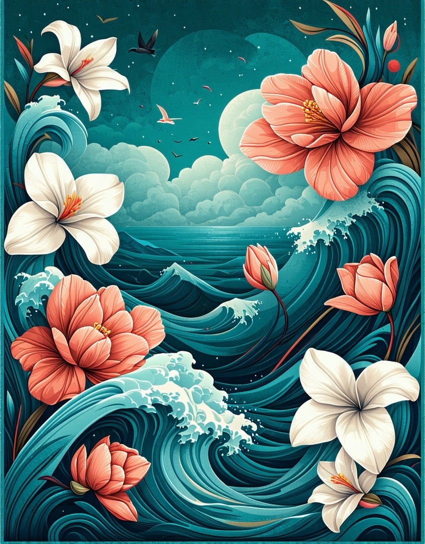 Tropical Flowers in Ocean Waves Rug