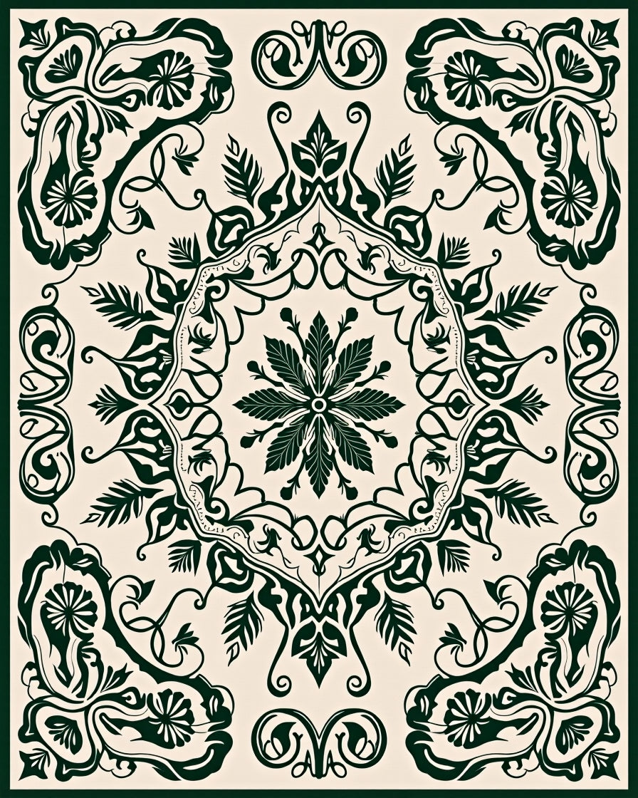 Elegant Dark Green Floral Scroll Rug