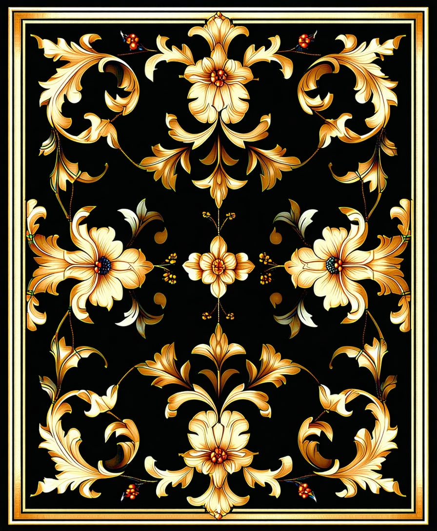 Black Gold Floral Damask Pattern Rug