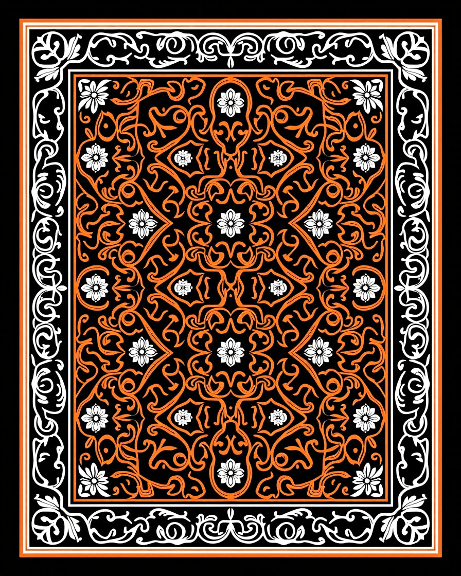 Vibrant Orange White Scroll Floral Design Rug