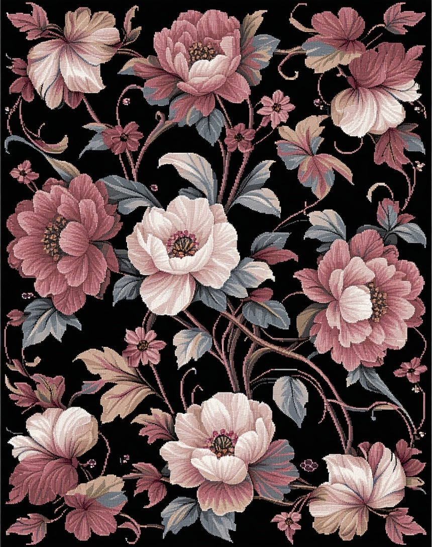 Vintage Floral Pattern Black Background Rug