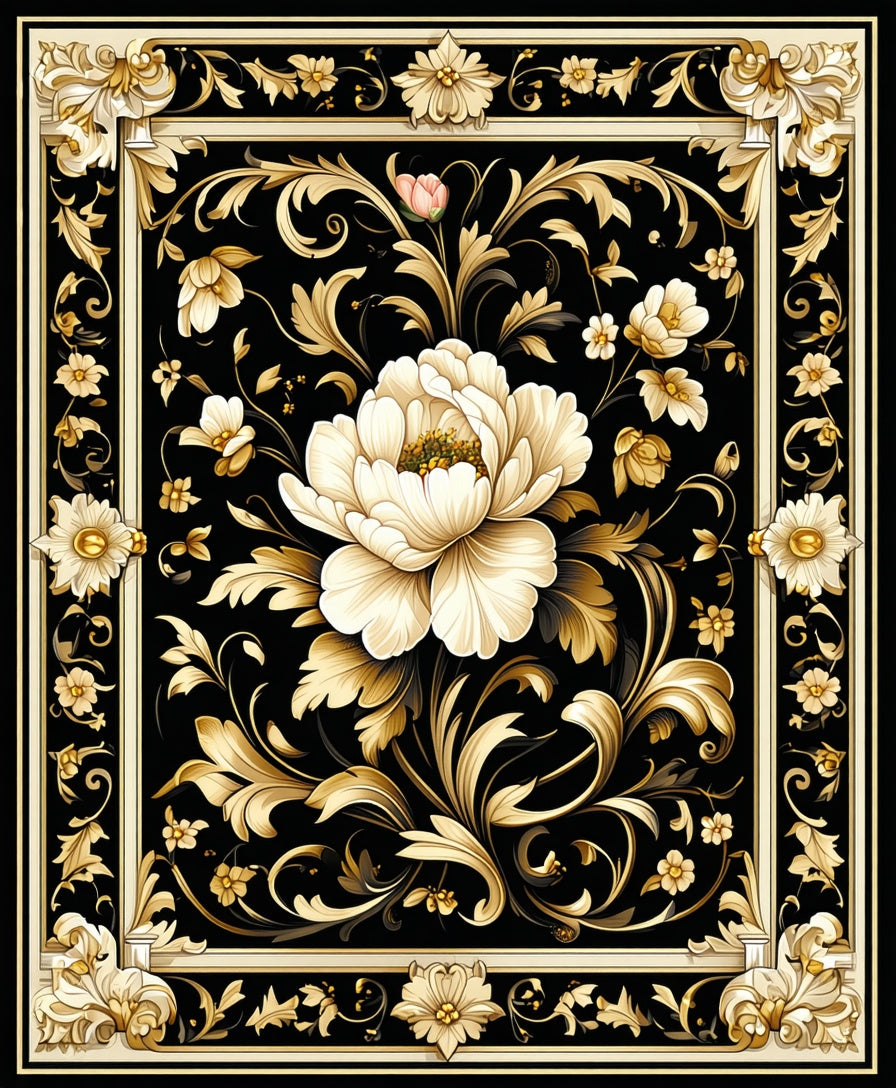 Elegant Black Gold Floral Scrollwork Rug