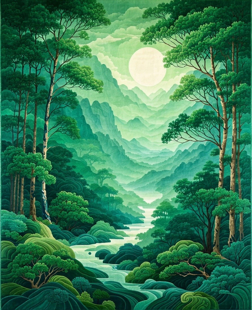 Misty Mountain Lush Forest River Rug