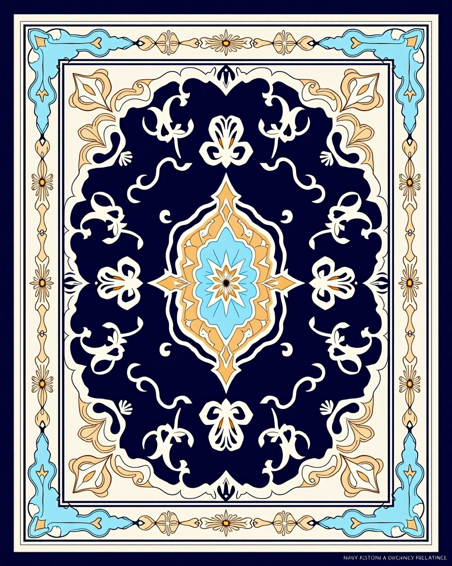 Navy Swirl Floral Symmetry Design Rug