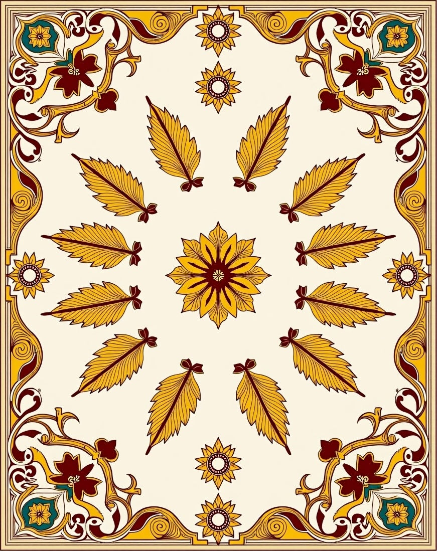 Ornate Floral Leaf Medallion Design Rug