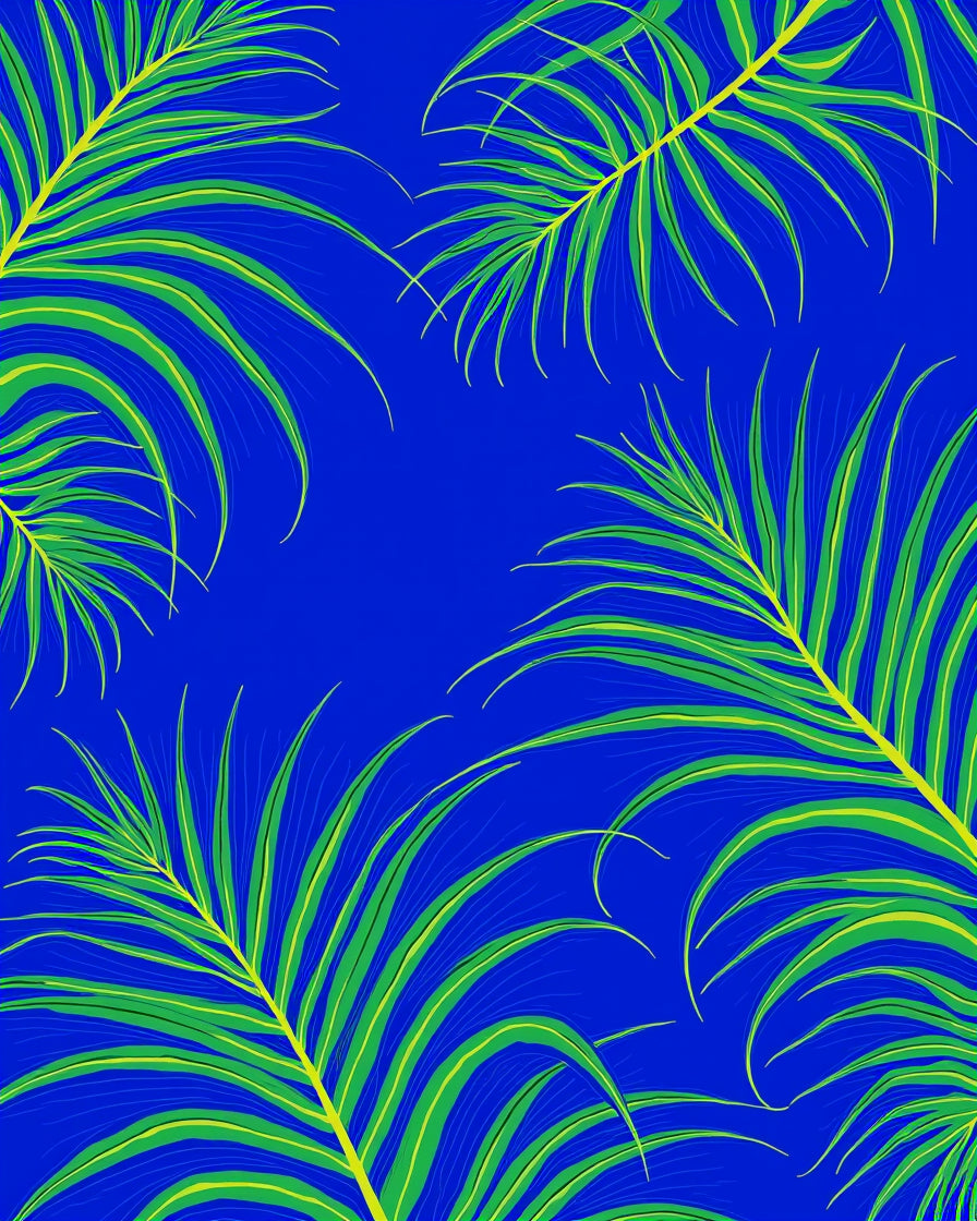 Tropical Leaf Pattern on Blue Rug