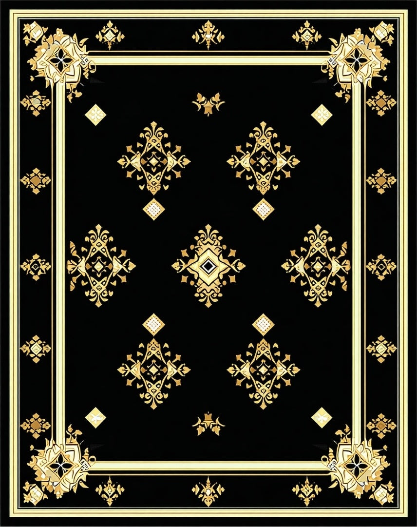 Elegant Black Gold Ornate Pattern Rug