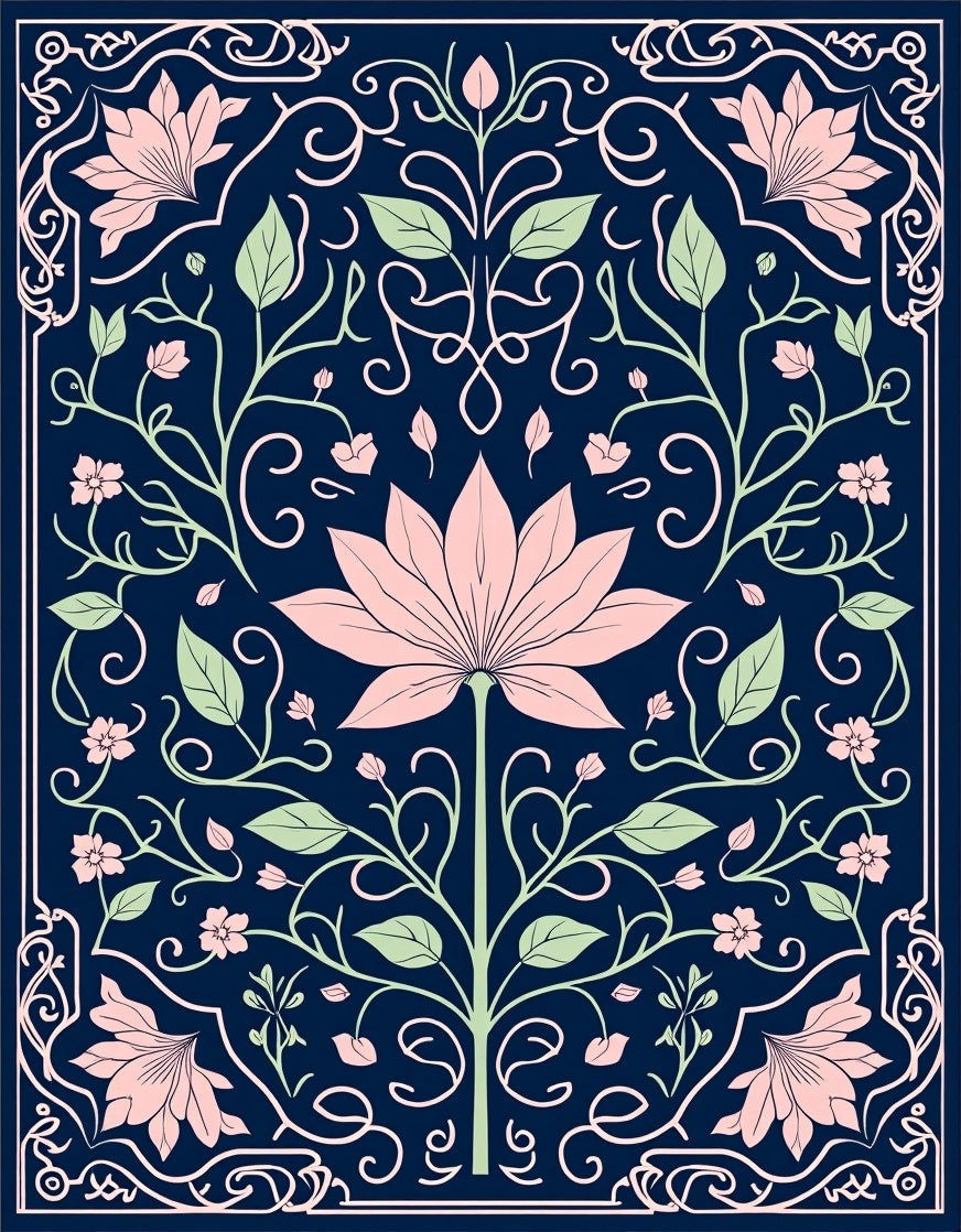 Pink Floral Art Nouveau Navy Rug