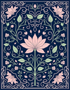 Pink Floral Art Nouveau Navy Rug