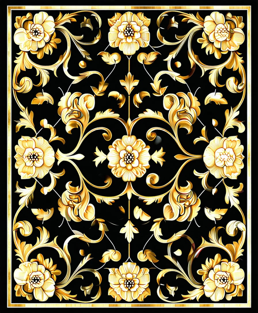 Ornate Gold Black Floral Scroll Rug
