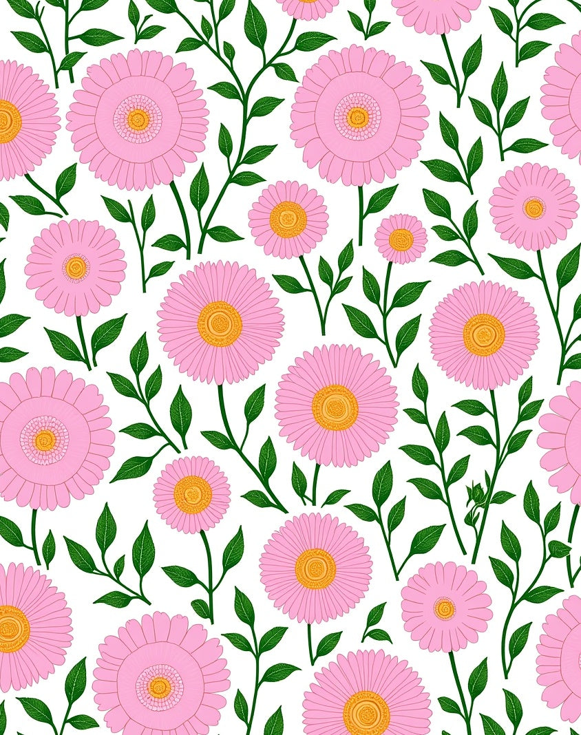 Pink Daisy Pattern With Green Leaves Rug