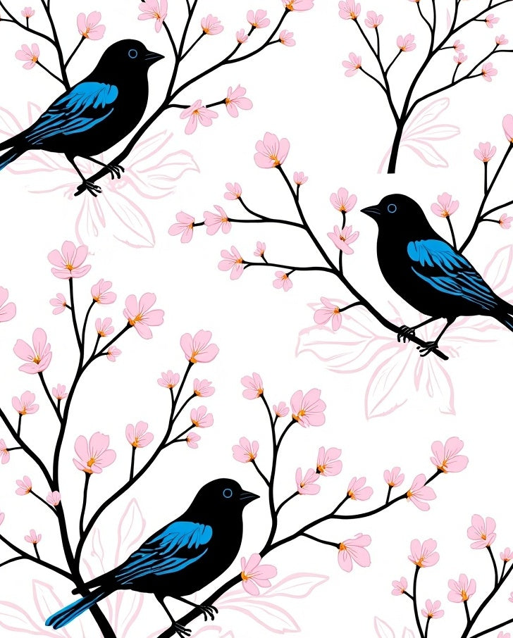 Black Bird Pink Blossom Pattern Rug