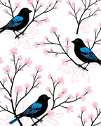 Black Bird Pink Blossom Pattern Rug