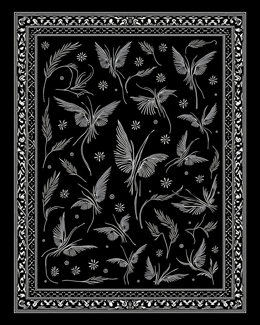 Ornate White Floral Butterfly Pattern Rug