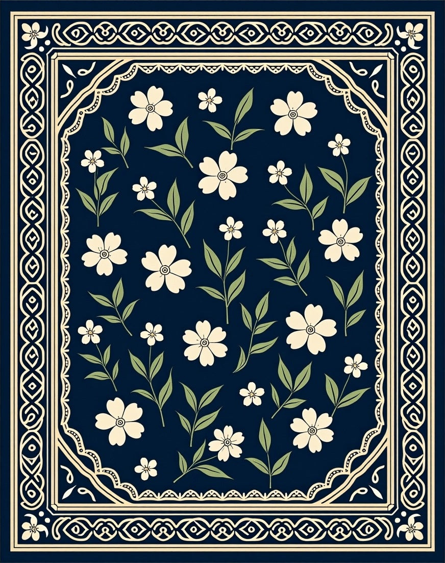 Deep Navy White Blossom Garden Rug