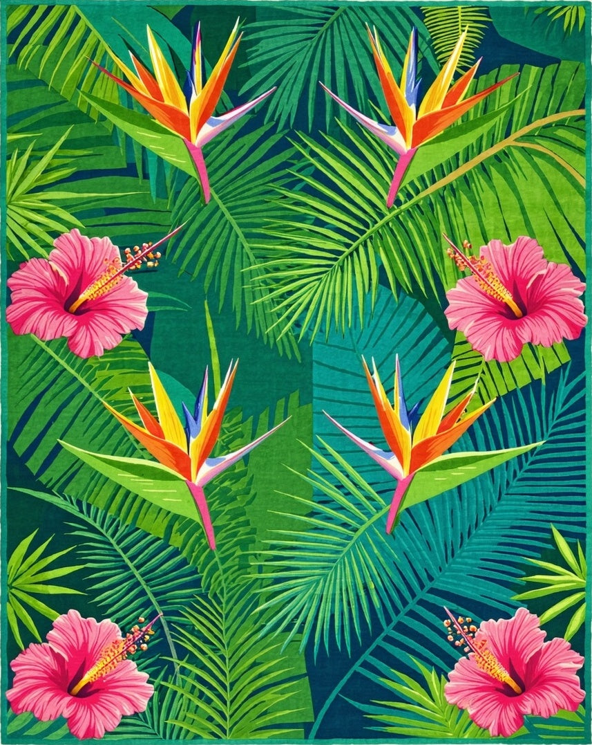 Tropical Bird of Paradise Hibiscus Leaves Rug