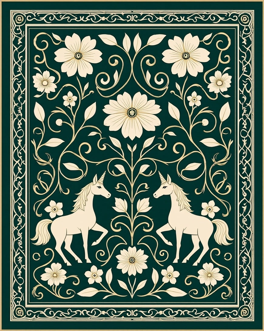 Enchanted Unicorn Floral Border Design Rug