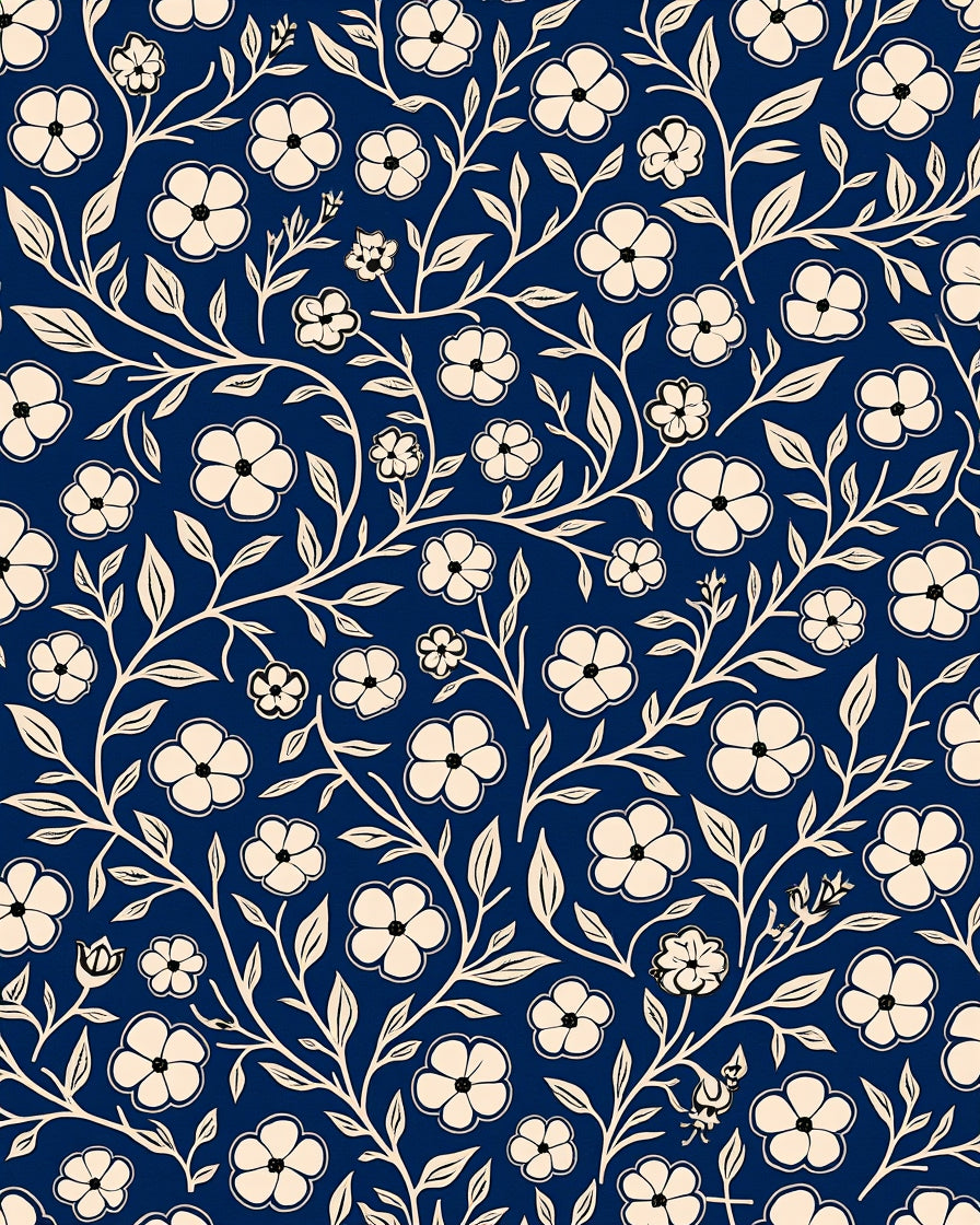 Navy Blue Floral Vine Pattern Rug