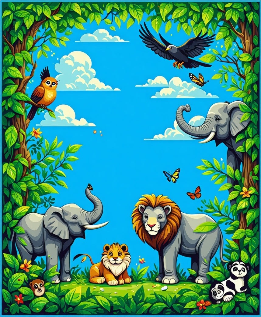 Jungle Animals and Lush Greenery Scene Rug