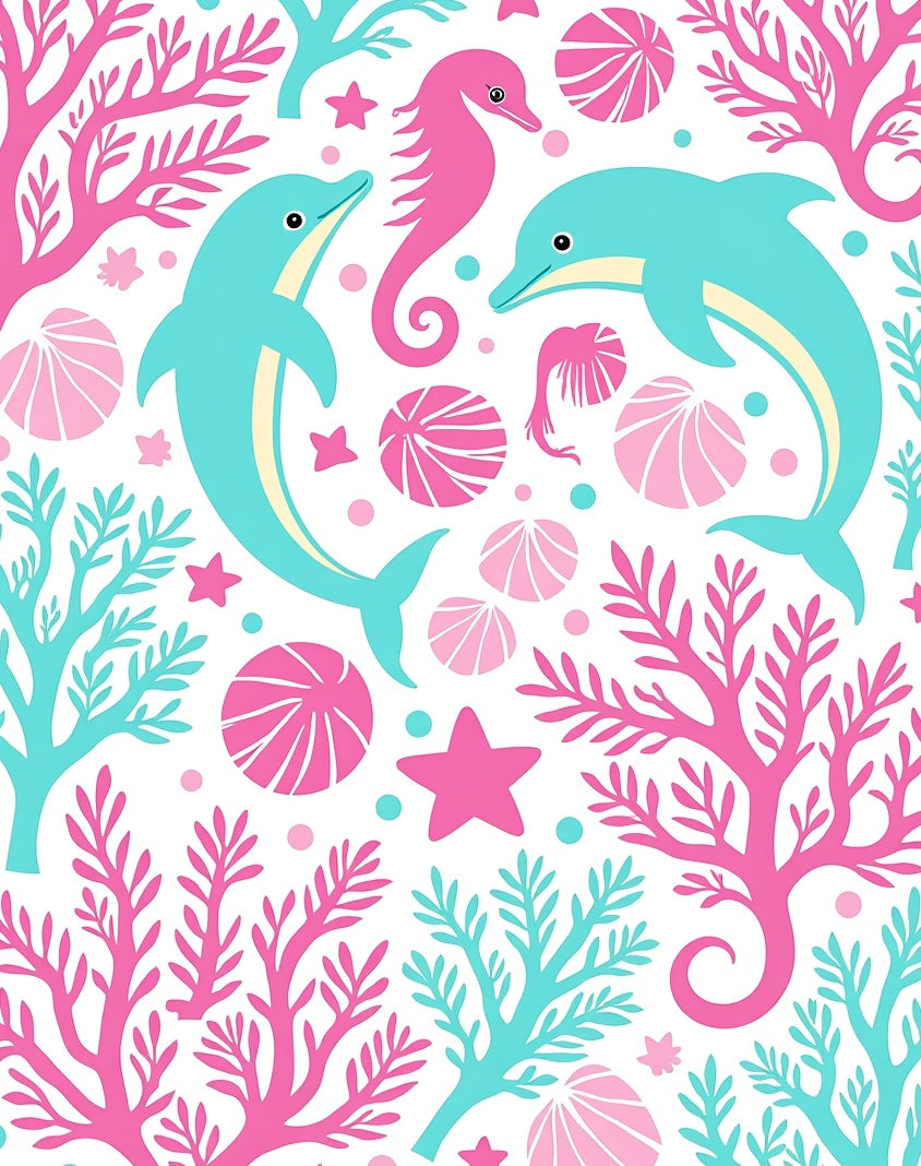 Playful Coral Dolphin Seahorse Pattern Rug