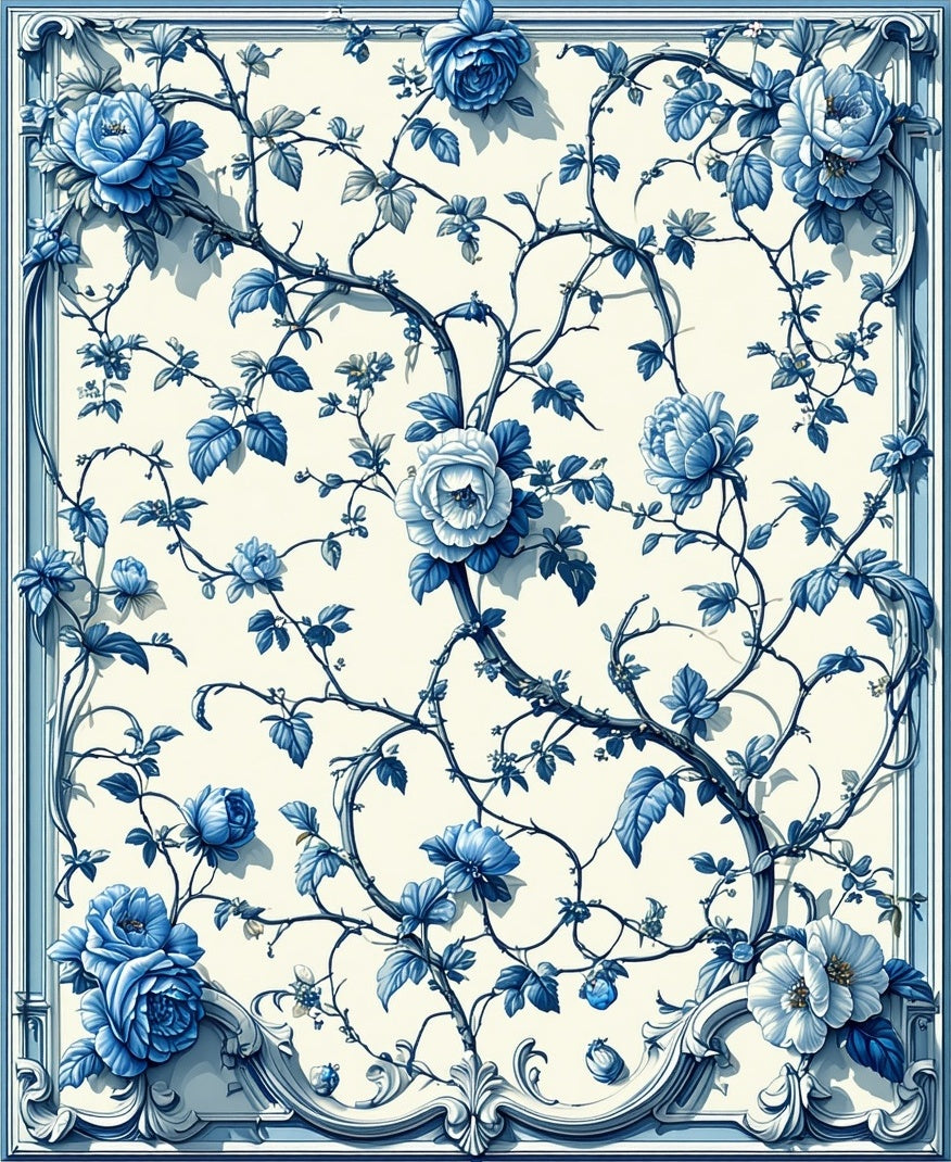 Chinoiserie Blue Floral Vine Pattern Rug