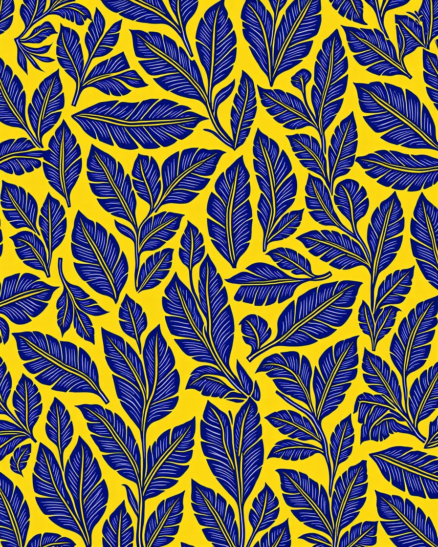 Dark Blue Leaf Pattern Yellow Design Rug