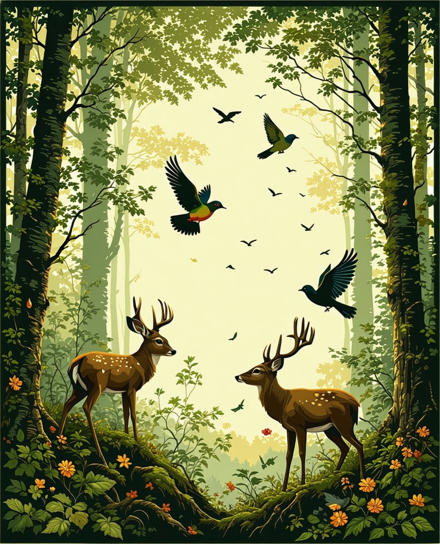 Forest Scene Deer Birds Rug