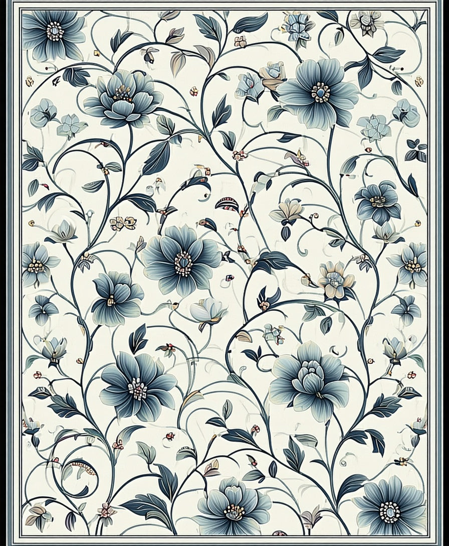 Classic Blue Floral Vine Pattern Rug
