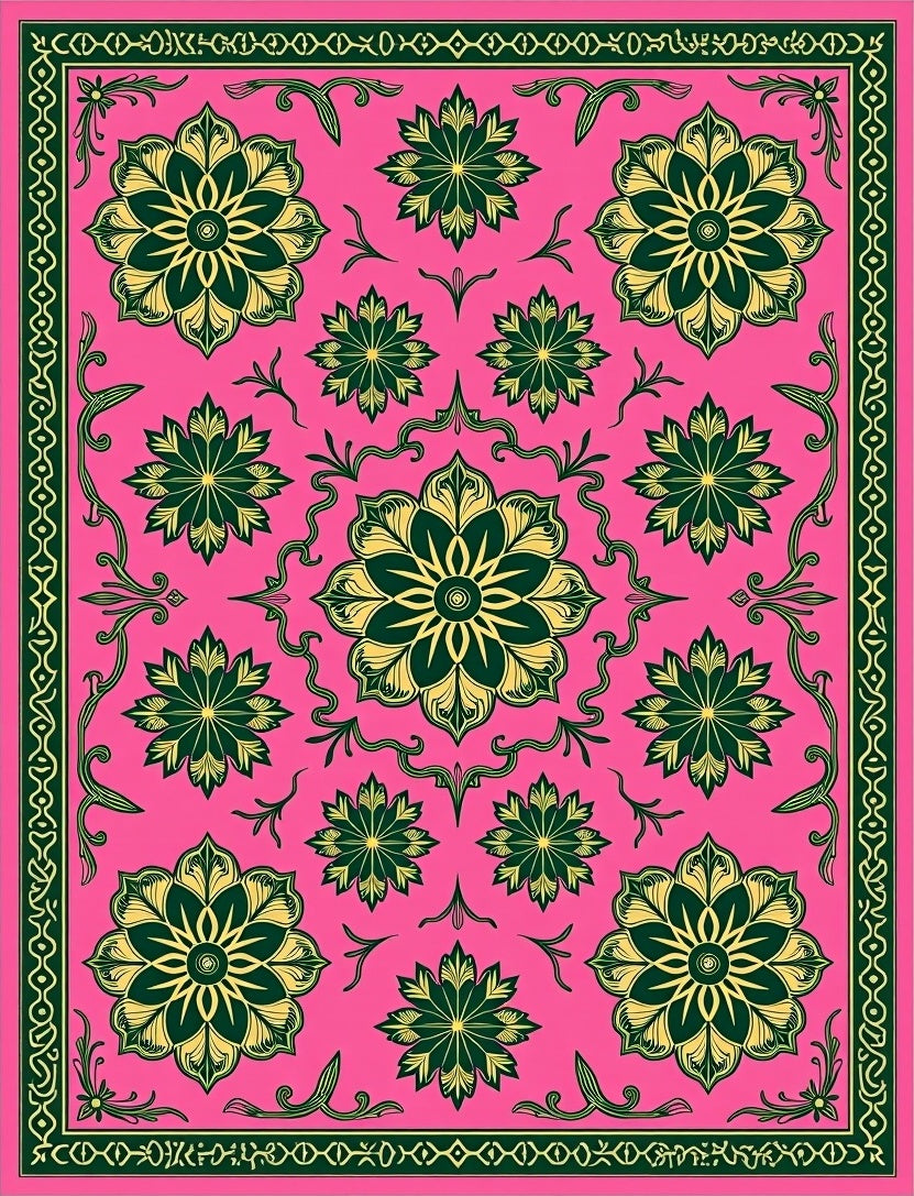 Fuchsia Green Golden Floral Medallion Harmony Rug
