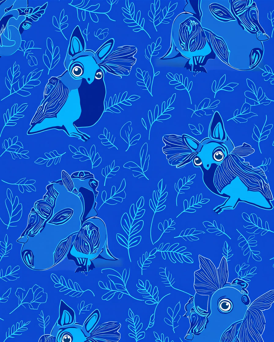 Whimsical Blue Animals Leaves Pattern Rug