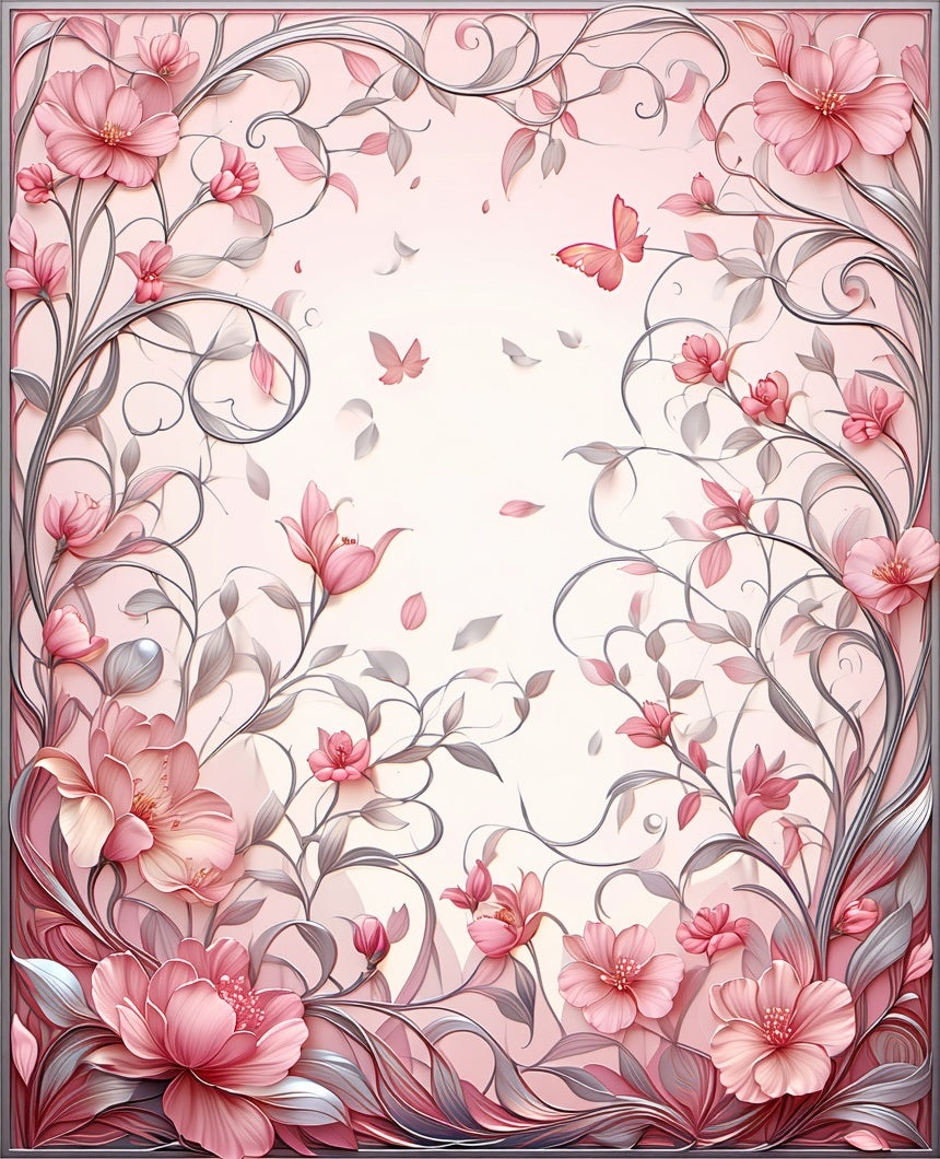 Pink Floral Swirls Butterfly Design Rug