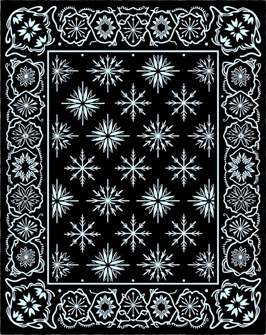 Black White Snowflake Floral Border Rug