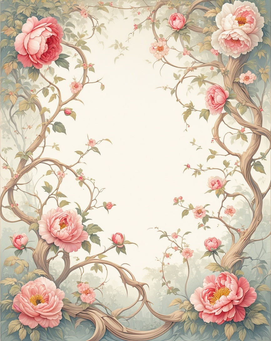 Pink Peony Floral Vine Pattern Rug