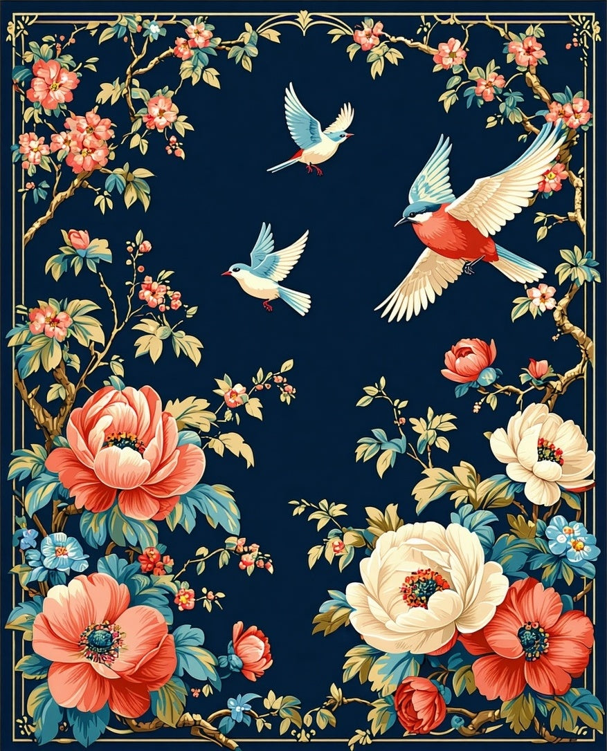 Chinoiserie Birds Blooming Floral Garden Rug