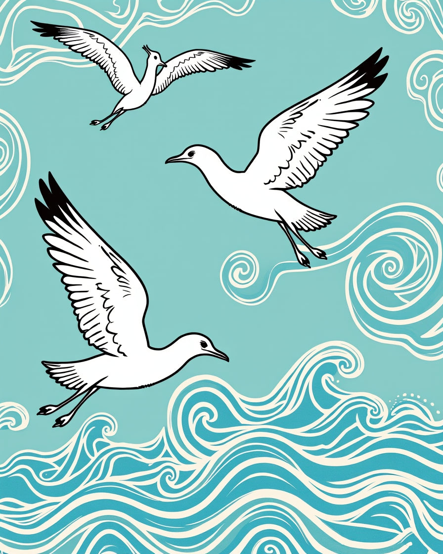 Seagulls with Ocean Waves Pattern Rug