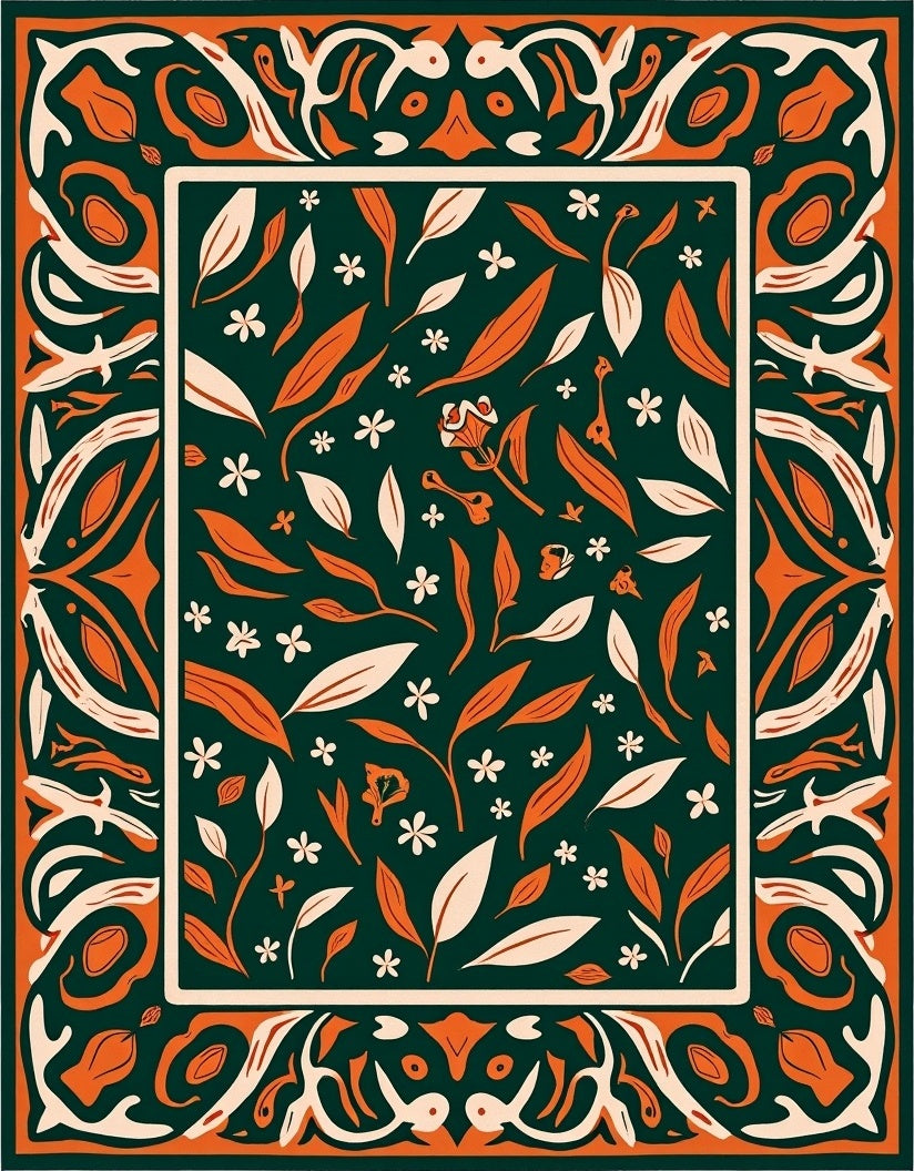 Orange Foliage and Floral Geometric Rug