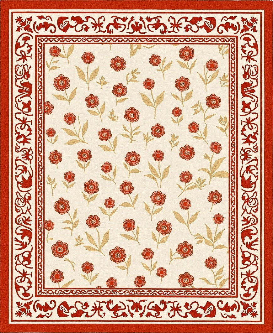 Red Floral Botanical Border Design Rug